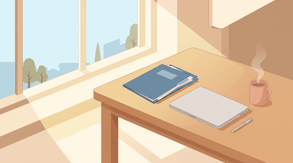 朝の光が差し込むデスクのイラスト