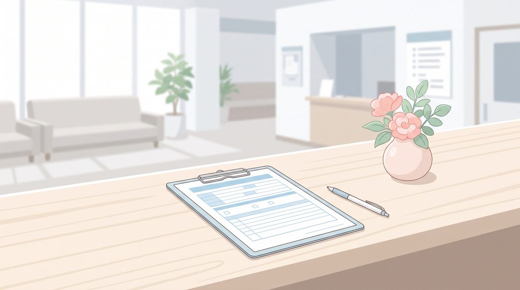 病院の受付に置かれた書類とボールペンのイラスト