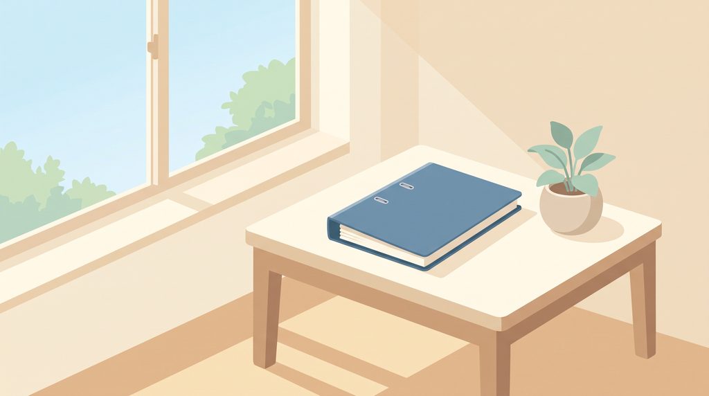 窓辺に鉢植えと書類ファイルが置かれたイラスト