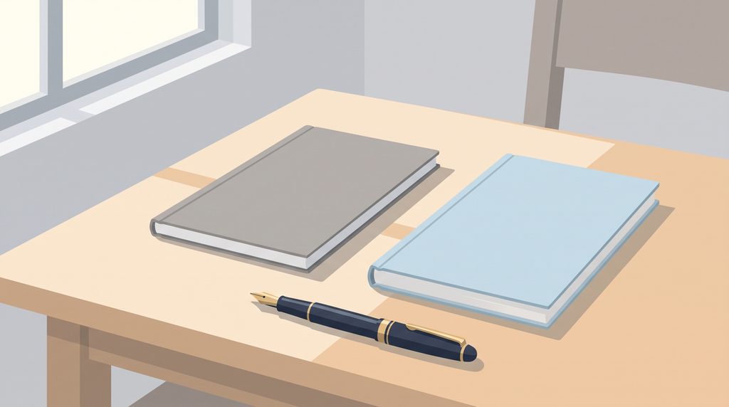 テーブルに2冊の冊子が離れて並べられたイラスト