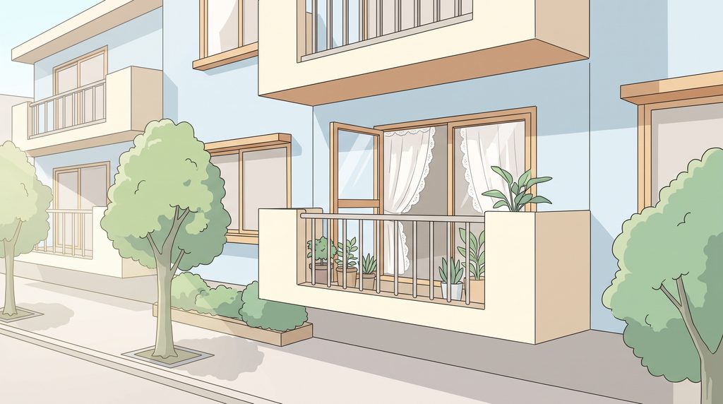 日当たりのよい集合住宅の一室を外から見たイラスト