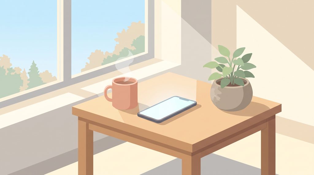 窓辺のテーブルにマグカップとスマートフォンが置かれたイラスト