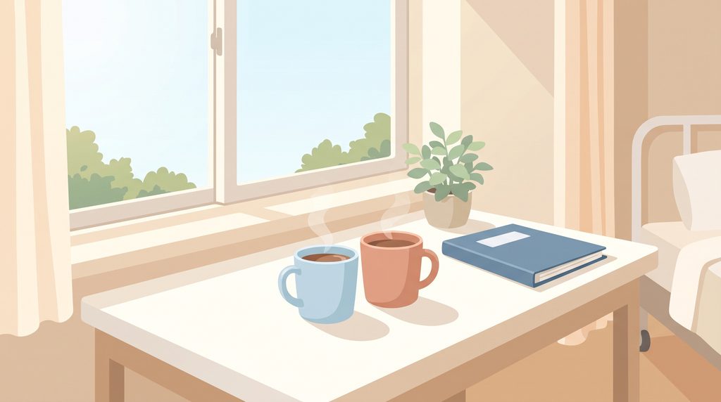 病室の窓辺に2つのマグカップと鉢植えが置かれたイラスト